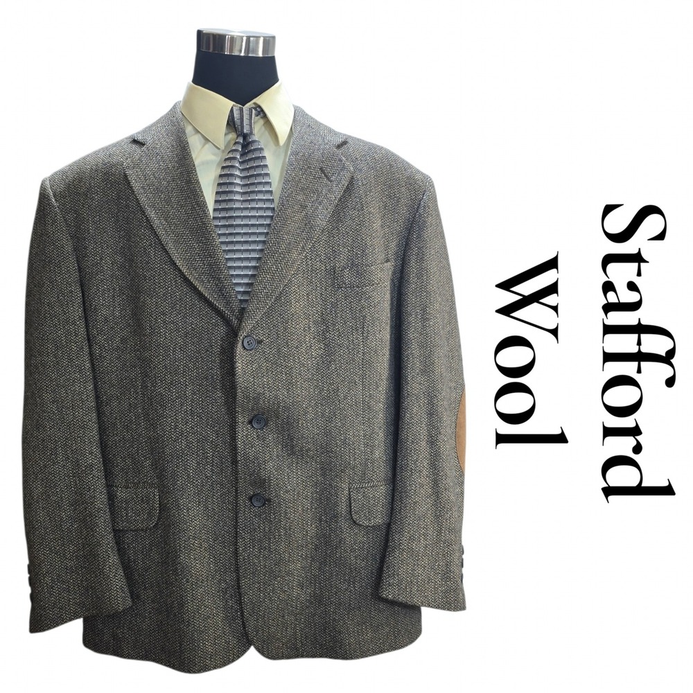 Stafford Blazer Mens 50R Brown Wool Herringbone Sport Coat Elbow Patch USA Made